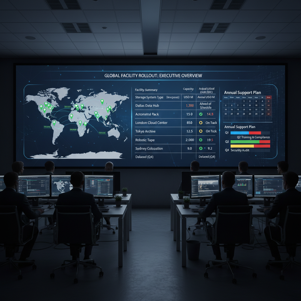 Executive program dashboard showing multi-facility storage deployment status and metrics