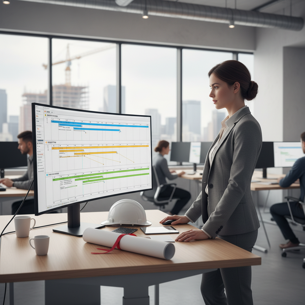Project manager reviewing warehouse installation Gantt chart timeline