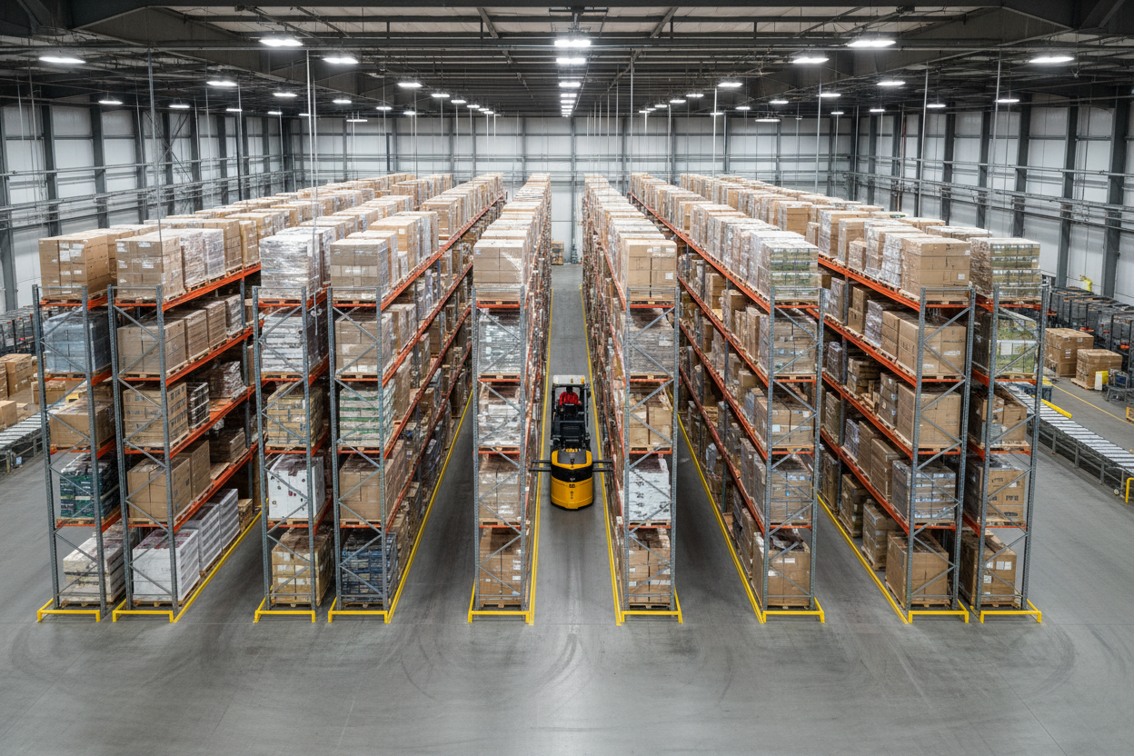 Bird's-eye view of 8-bay double-deep pallet rack installation with reach truck in aisle and pallets two-deep