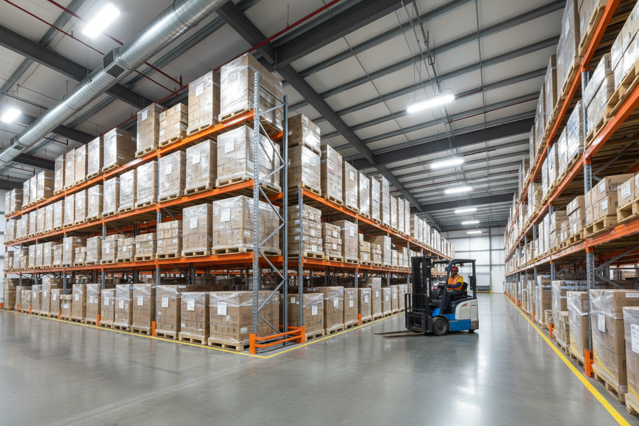 Full run of selective pallet racking in distribution center with reach forklift and high-bay LED lighting