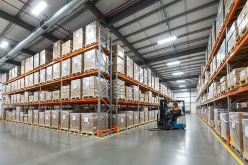 Full run of selective pallet racking in distribution center with reach forklift and high-bay LED lighting
