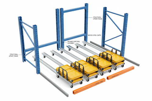 Push-Back Racking System — exploded component flat-lay on white background
