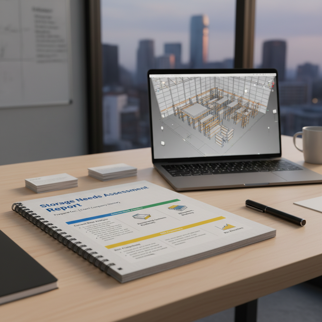 Printed storage needs assessment report with warehouse 3D layout