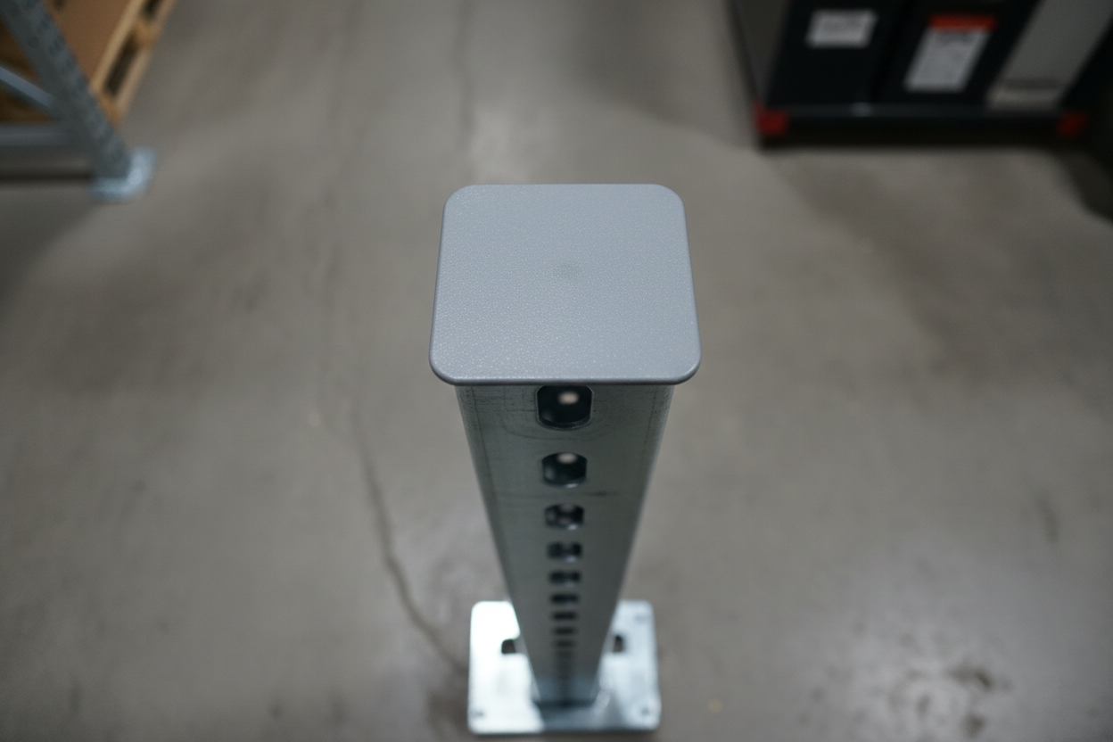 Overhead macro of powder coat gray steel post cap snapped onto silver pallet rack upright
