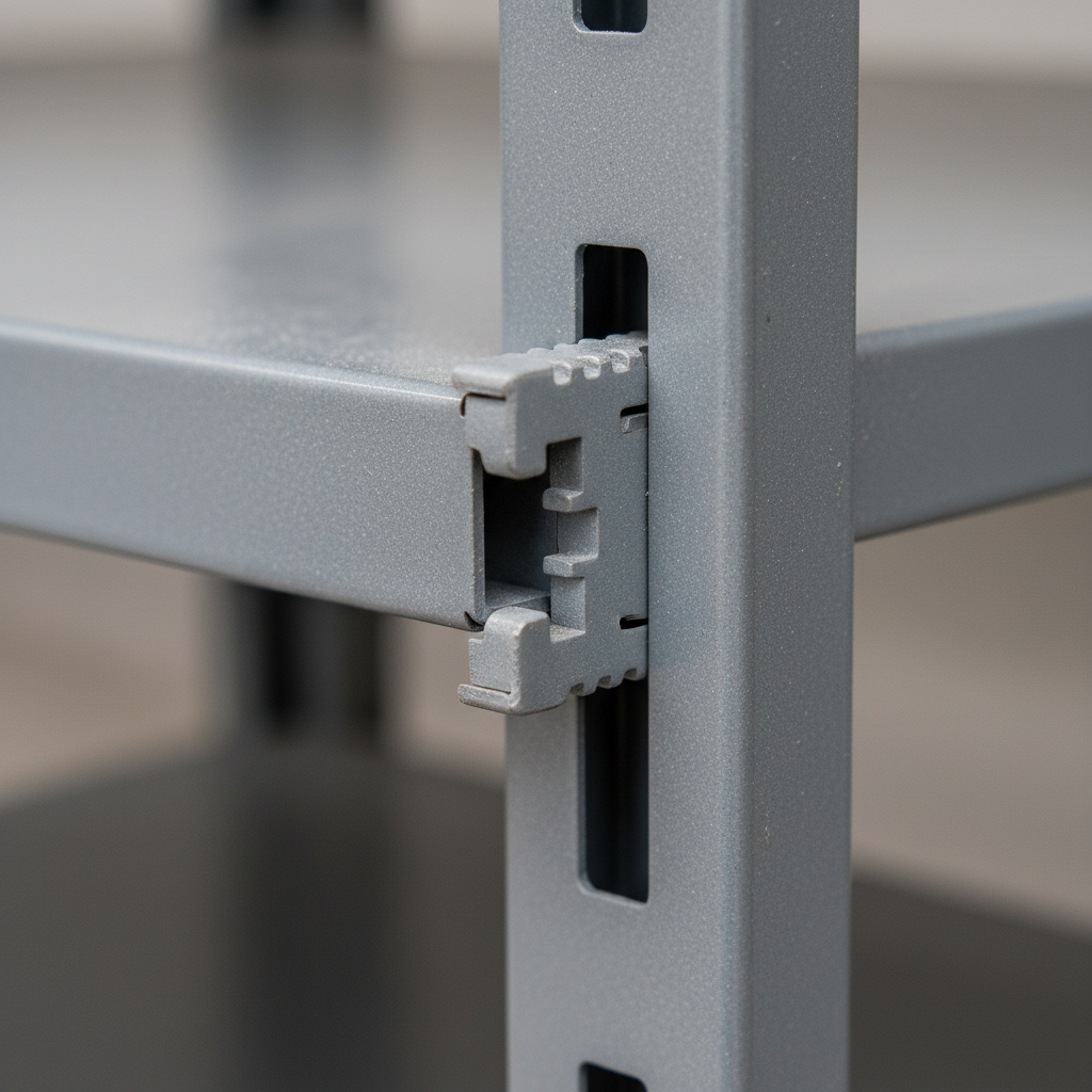 Close-up of boltless clip connector mechanism, tool-free repositionable design