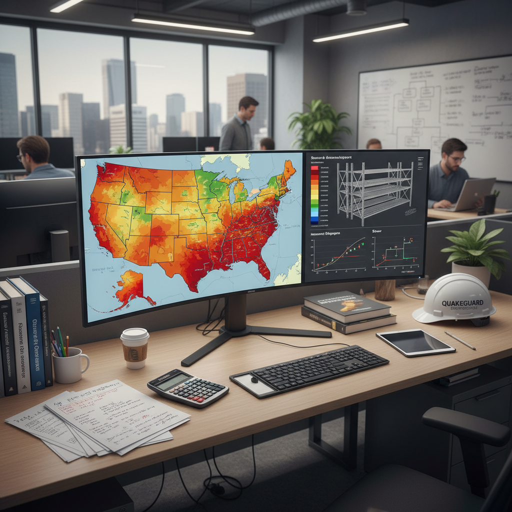 Structural engineer reviewing seismic zone map and racking analysis report