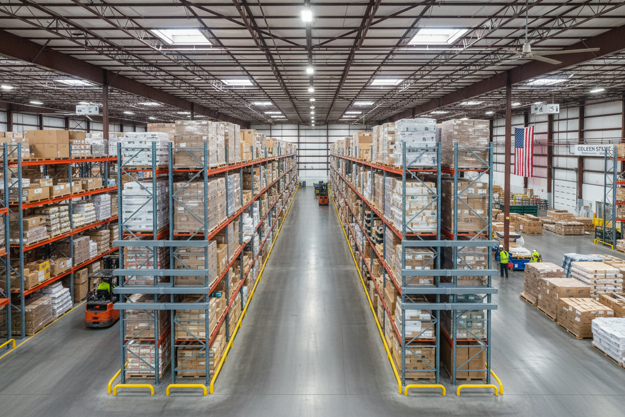 Aerial view of back-to-back pallet rack row with gray enamel row spacers visible along upright columns