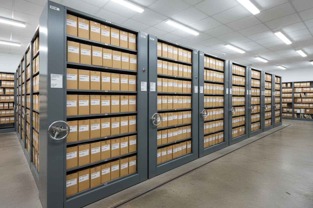 4-carriage mobile shelving system in archive room with carriages partially open showing labeled file boxes
