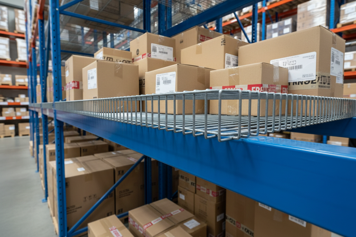 Wire deck panel on blue pallet rack beams in stocked warehouse with boxes on top