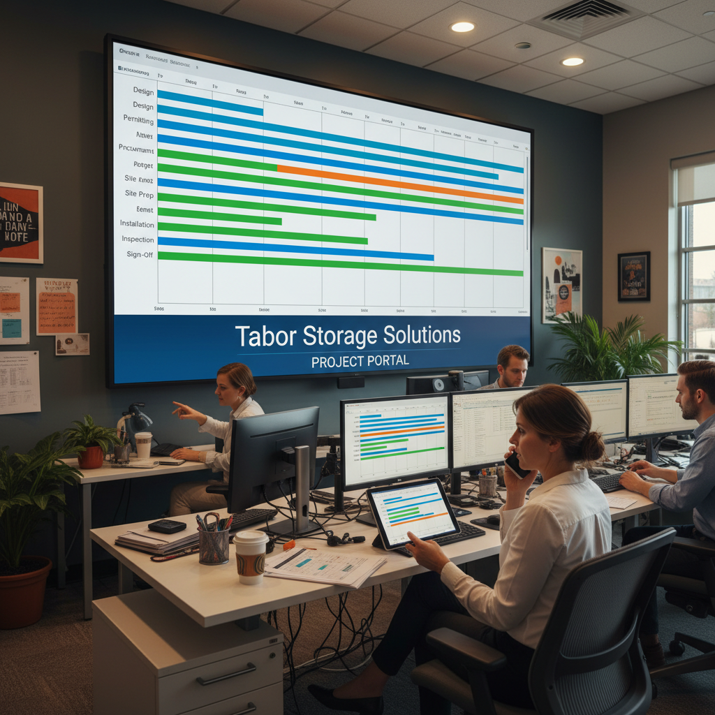 Project management command center with Gantt chart and Tabor Storage Solutions project portal