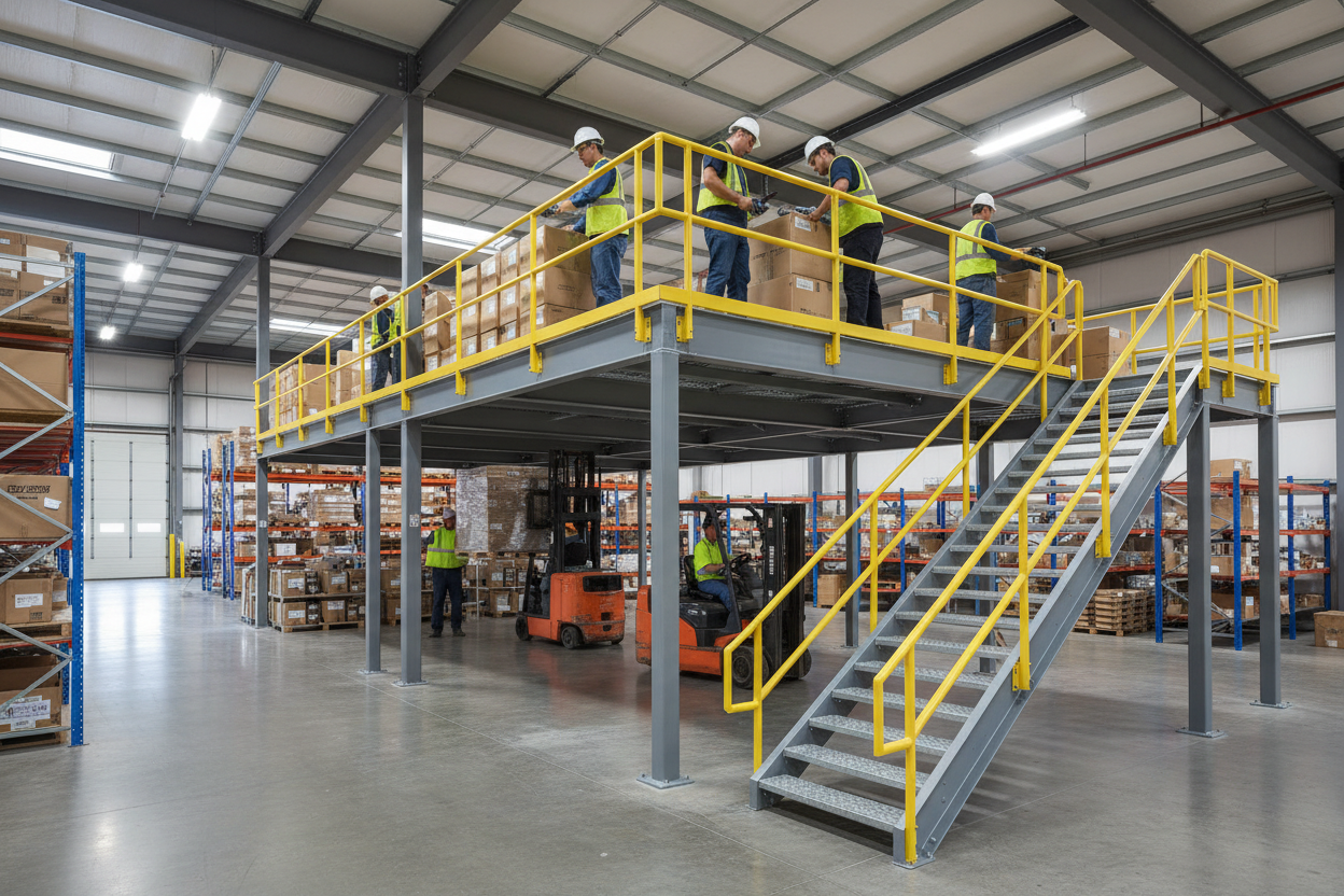 Completed mezzanine platform in active California warehouse with workers on upper deck and forklift below