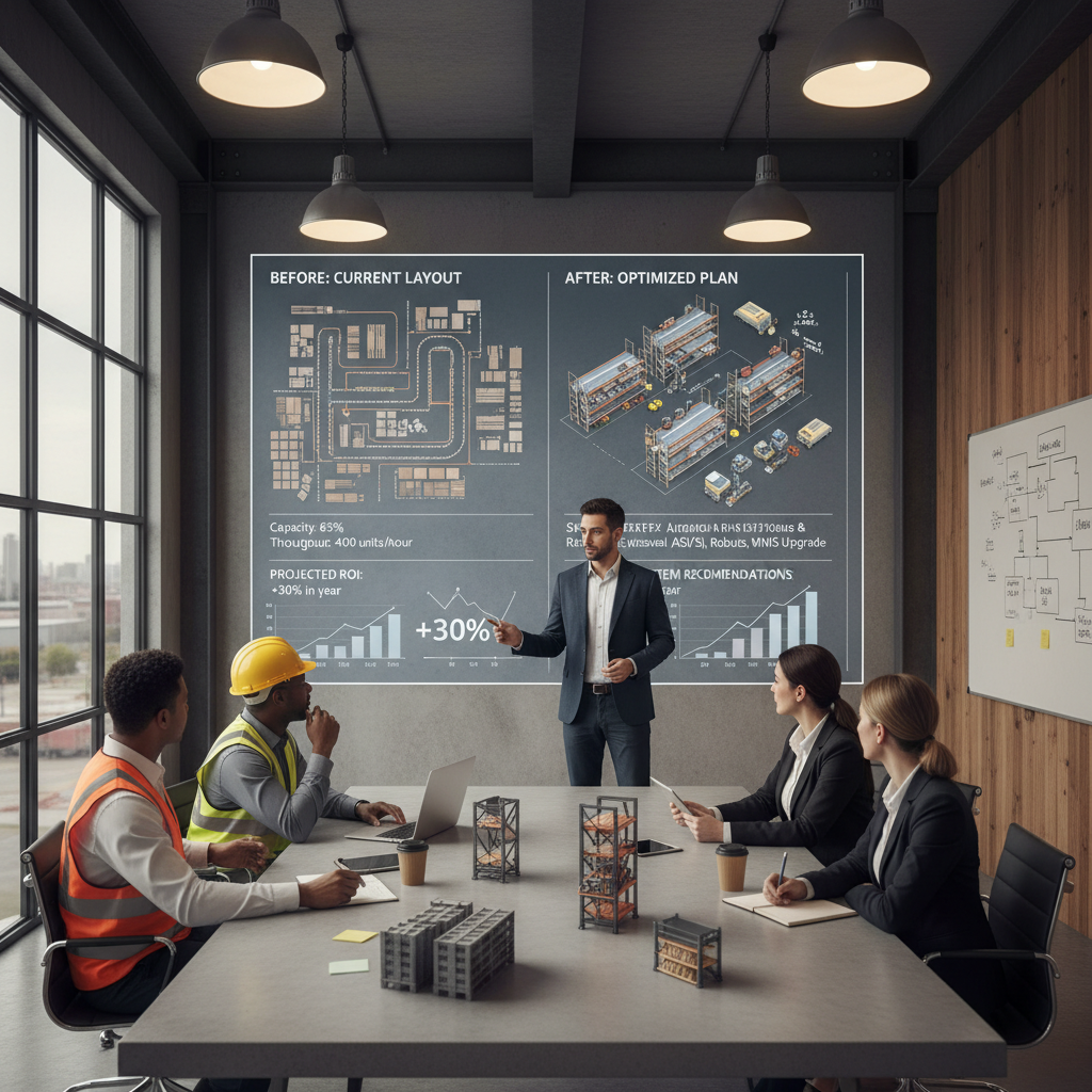 Warehouse storage consultant presenting optimization strategy to team in conference room