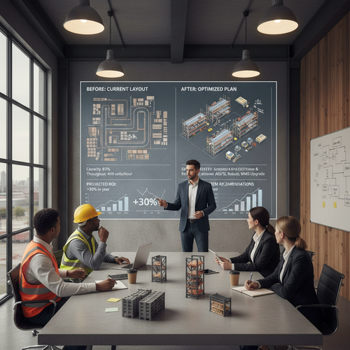 Warehouse storage consultant presenting optimization strategy to team in conference room