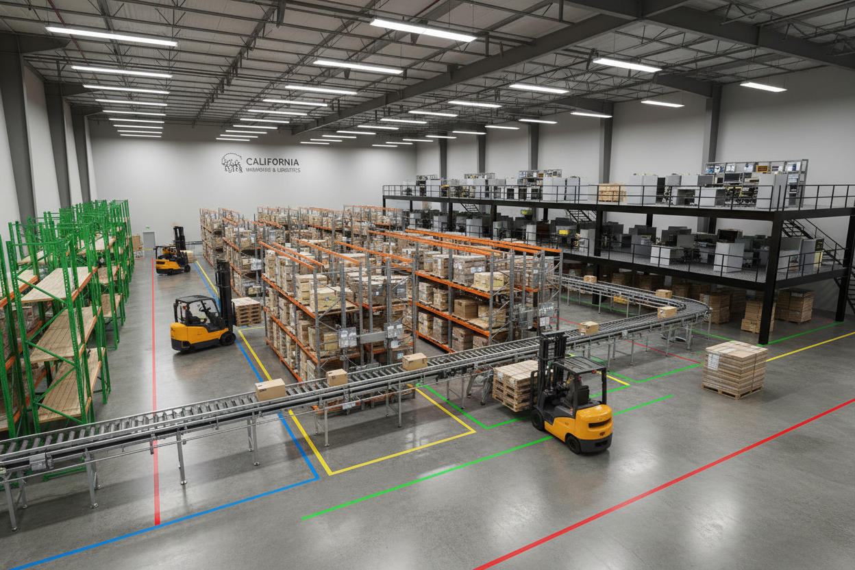 3D rendering of complete California warehouse with selective rack, push-back, mezzanine, and conveyor zones with color-coded floor markings