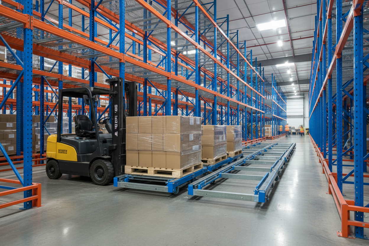 Forklift loading pallet onto front carriage of push-back rack lane with two rear carriages loaded behind