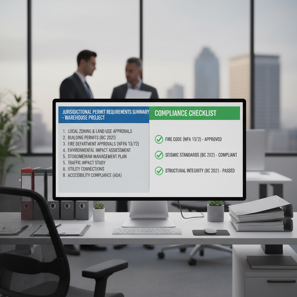 Monitor showing permit requirements and compliance checklist with green checkmarks