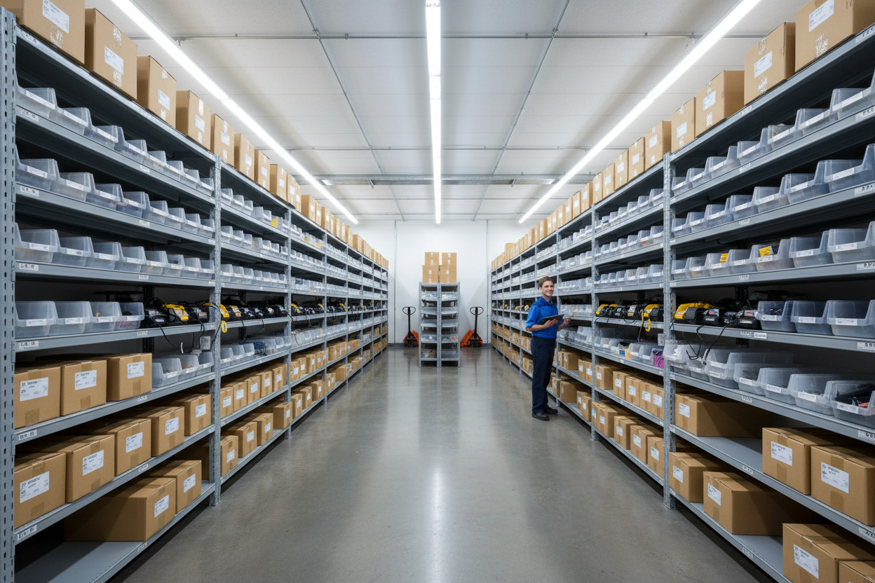 Multiple bays of industrial clip shelving in organized warehouse stockroom