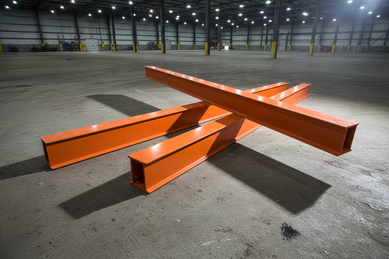 Orange powder coat structural steel pallet rack beam pair on concrete warehouse floor with dramatic lighting