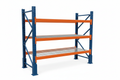 Complete structural pallet rack bay with uprights, beams, and wire decks on white background