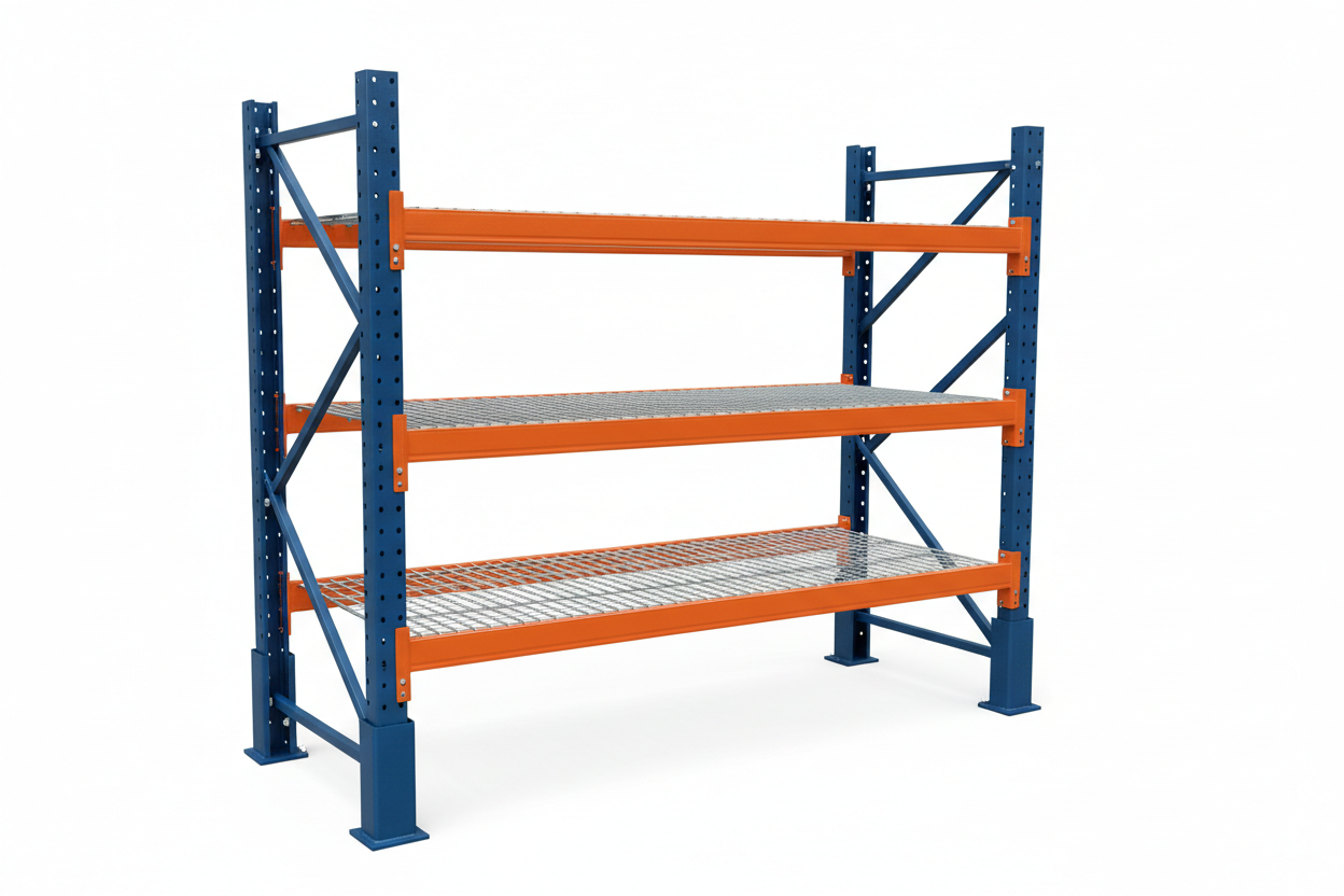 Complete structural pallet rack bay with uprights, beams, and wire decks on white background