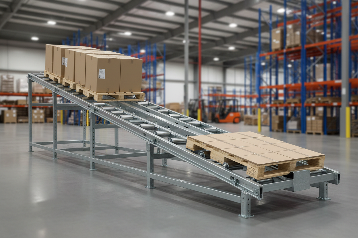 Side view of 4-deep FIFO gravity pallet flow lane with pallets loaded and speed control brake rollers visible