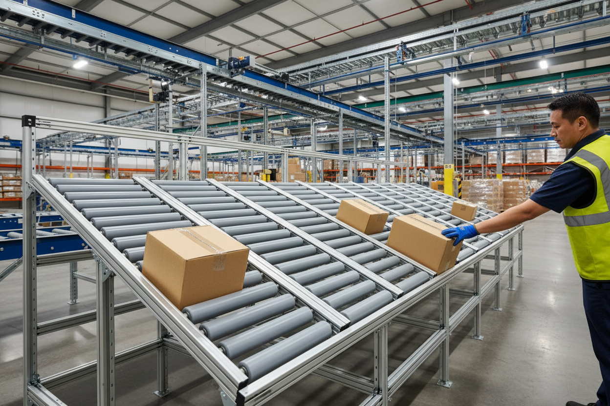 Warehouse picker at pick face of 6-lane carton flow gravity roller track system reaching for a carton