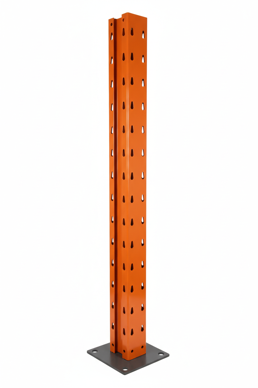Selective Pallet Rack Upright Frame — studio shot showing teardrop punch pattern, welded base plate, orange powder-coat