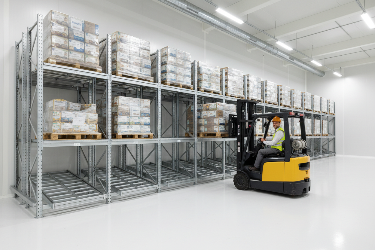 Push-Back racking in food-grade warehouse with forklift removing front pallet