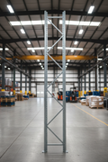 12-foot roll-formed pallet rack upright frame standing in warehouse with corrugated bracing detail