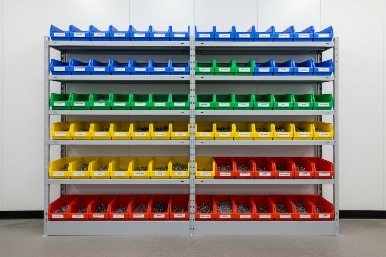 Fully stocked 5-shelf industrial bin shelving unit in clean parts room with color-organized bins