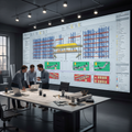 Detailed warehouse storage system layout on engineering monitor with color-coded racking and mezzanine zones