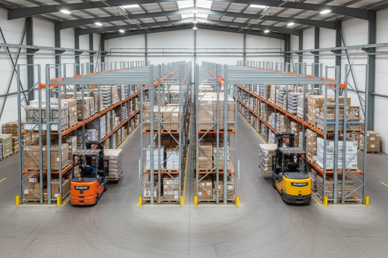 Overhead view of dual-aisle drive-thru FIFO pallet rack with entry and exit forklifts on opposite sides